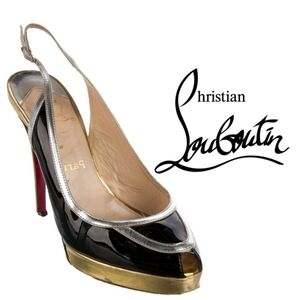 Christian Louboutin Patent Leather Colorblock Pattern Slingback Pumps 8.5